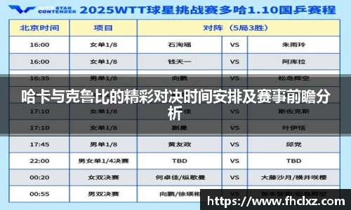 哈卡与克鲁比的精彩对决时间安排及赛事前瞻分析